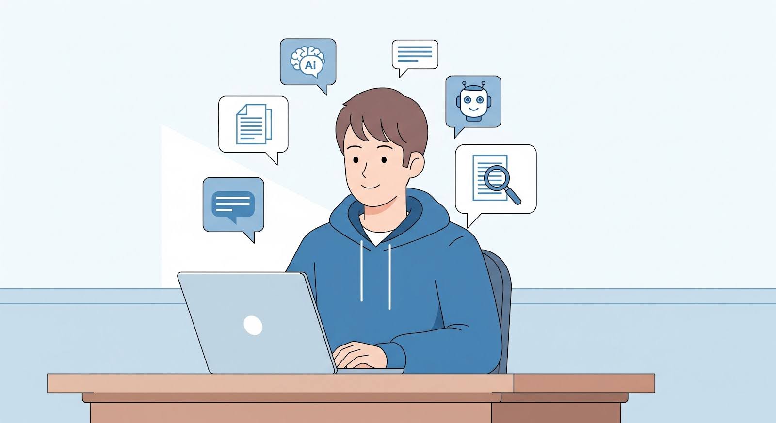 Ilustrasi mahasiswa menggunakan laptop dengan ikon AI dan dokumen untuk mengerjakan skripsi