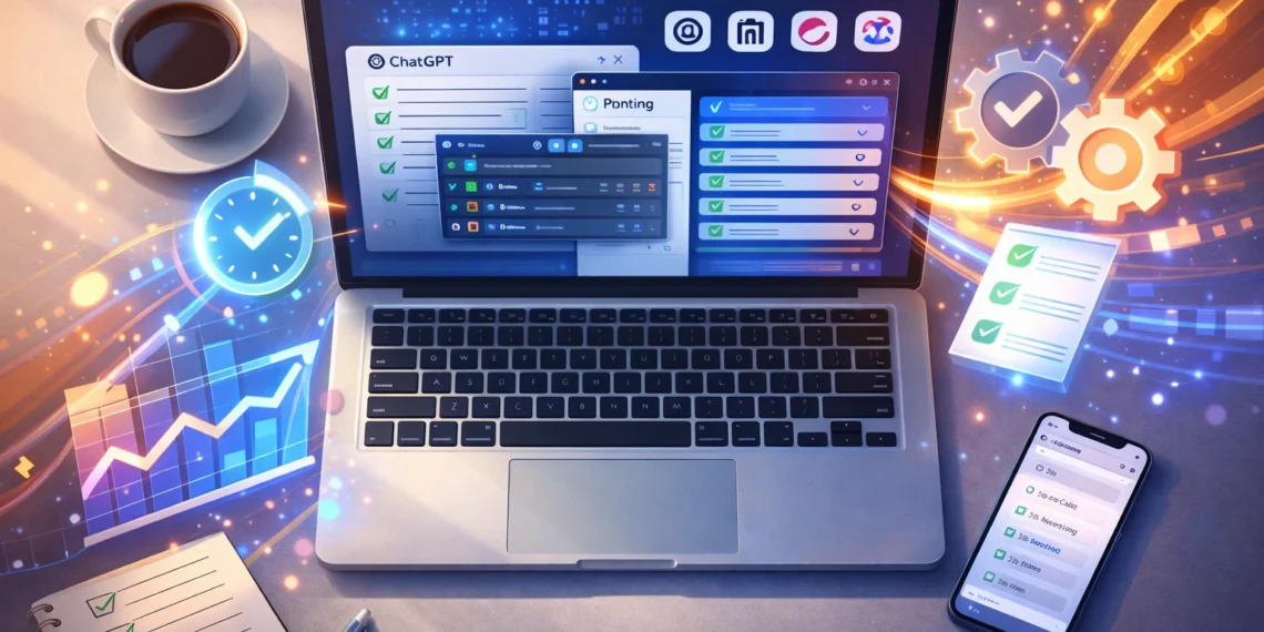 Ilustrasi workspace produktif dengan AI tools seperti ChatGPT, Notion AI, ClickUp AI untuk menghemat waktu kerja hingga 2,6 jam per hari