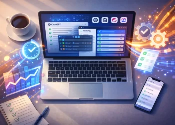 Ilustrasi workspace produktif dengan AI tools seperti ChatGPT, Notion AI, ClickUp AI untuk menghemat waktu kerja hingga 2,6 jam per hari