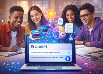 Ilustrasi mahasiswa belajar menggunakan AI tools seperti ChatGPT, Google Gemini, dan Notion AI untuk meningkatkan efektivitas pembelajaran