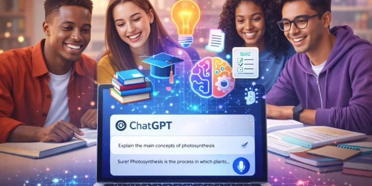 Ilustrasi mahasiswa belajar menggunakan AI tools seperti ChatGPT, Google Gemini, dan Notion AI untuk meningkatkan efektivitas pembelajaran