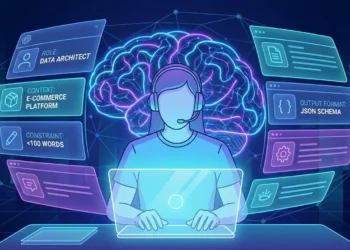 Ilustrasi engineer AI menyusun prompt terstruktur untuk hasil AI yang akurat