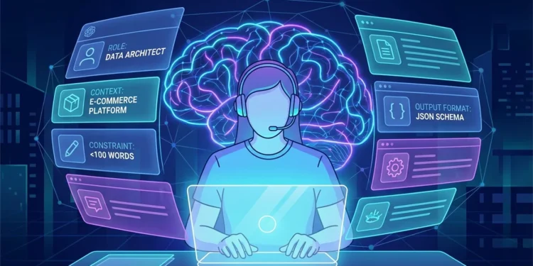 Ilustrasi engineer AI menyusun prompt terstruktur untuk hasil AI yang akurat