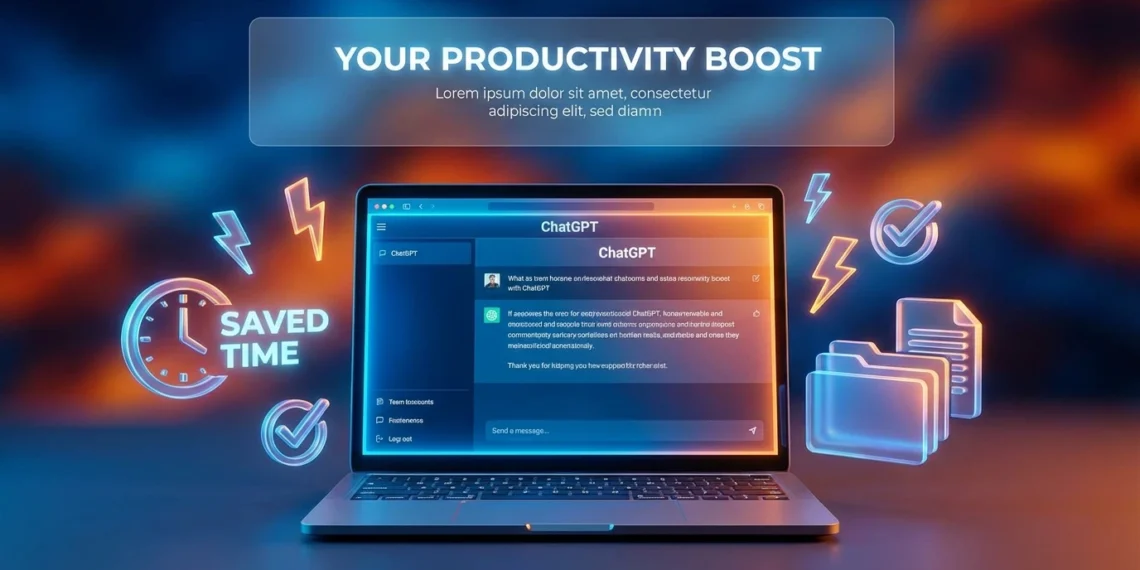 Ilustrasi produktivitas ChatGPT dengan 15 prompt untuk menghemat waktu kerja, menampilkan laptop dan ikon-ikon efisiensi kerja