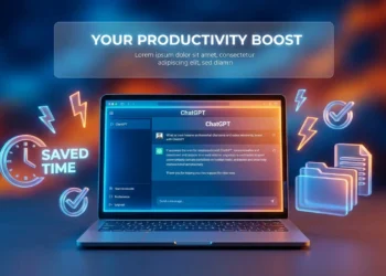 Ilustrasi produktivitas ChatGPT dengan 15 prompt untuk menghemat waktu kerja, menampilkan laptop dan ikon-ikon efisiensi kerja