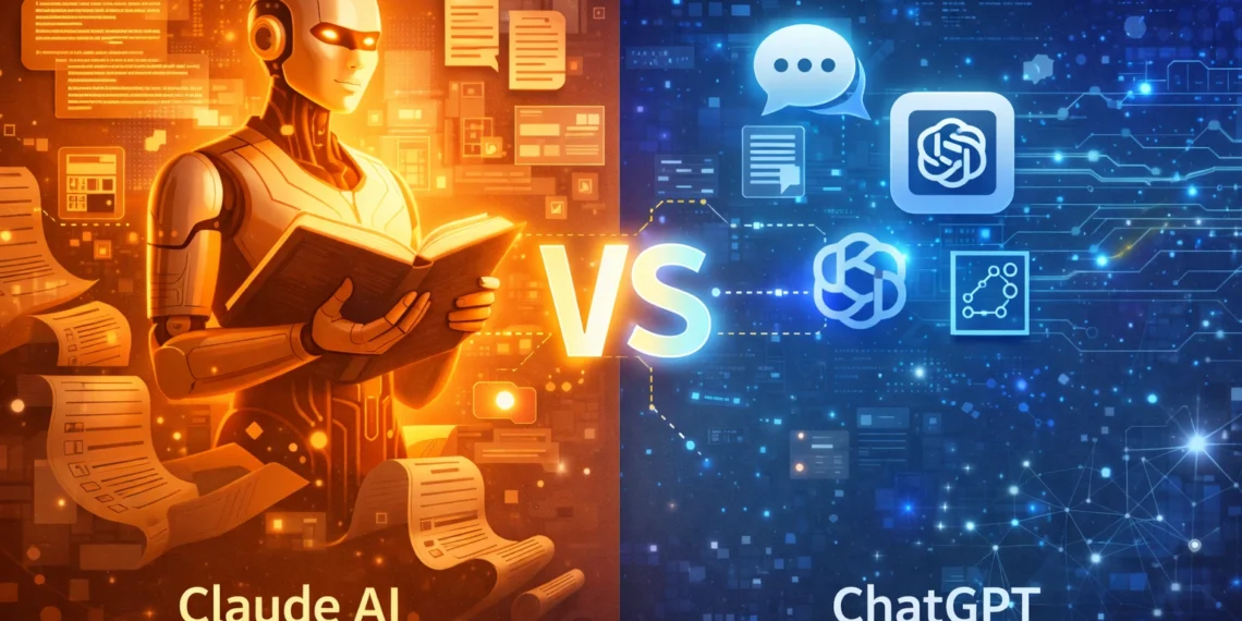 Ilustrasi perbandingan Claude AI dan ChatGPT menampilkan fitur extended thinking, context window 100K token, dan kemampuan multimodal Claude AI dari Anthropic