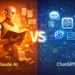 Ilustrasi perbandingan Claude AI dan ChatGPT menampilkan fitur extended thinking, context window 100K token, dan kemampuan multimodal Claude AI dari Anthropic