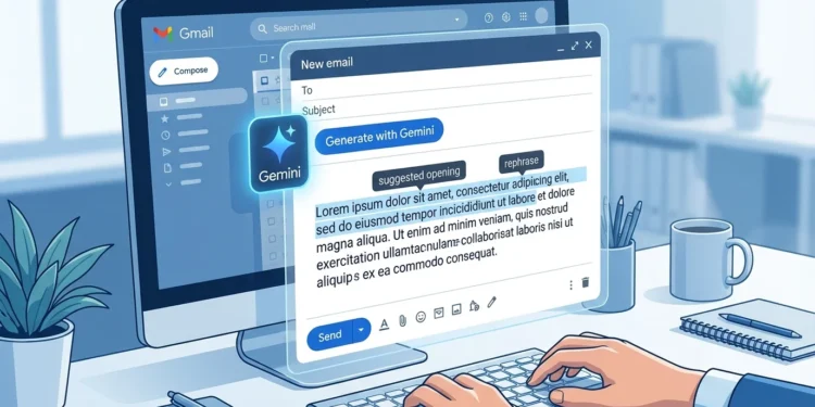 Ilustrasi Gemini AI membantu menulis email otomatis di Gmail