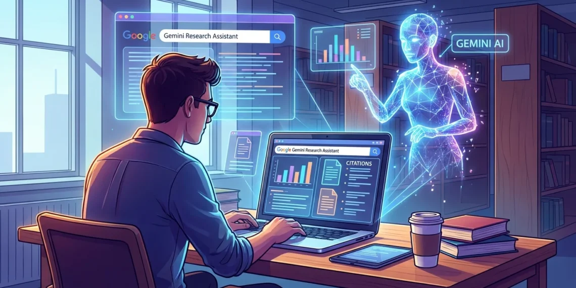 Ilustrasi Gemini AI membantu proses riset dan penelitian digital