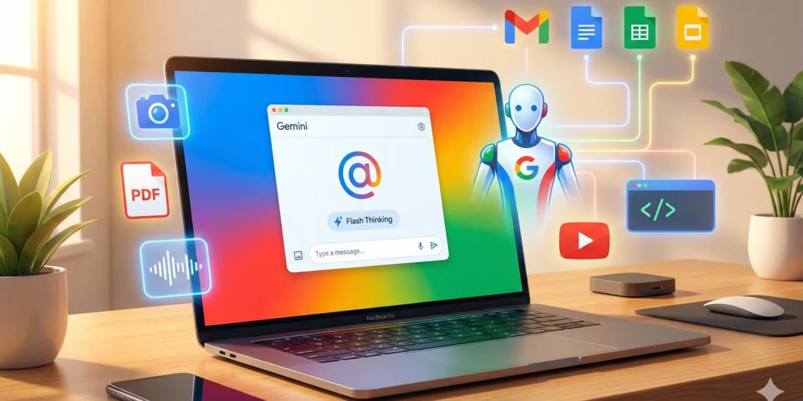 Ilustrasi Google Gemini AI dengan fitur multimodal (teks, gambar, audio, video) dan integrasi Gmail, Google Docs, Sheets untuk produktivitas maksimal