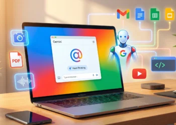Ilustrasi Google Gemini AI dengan fitur multimodal (teks, gambar, audio, video) dan integrasi Gmail, Google Docs, Sheets untuk produktivitas maksimal