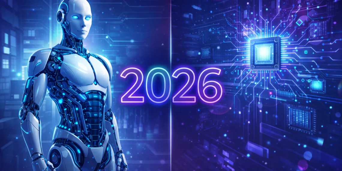 Ilustrasi tren AI 2026 menampilkan robot humanoid dengan teknologi chip canggih dan visualisasi data neural network