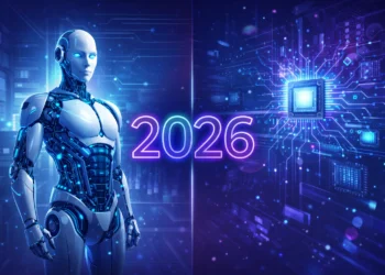 Ilustrasi tren AI 2026 menampilkan robot humanoid dengan teknologi chip canggih dan visualisasi data neural network