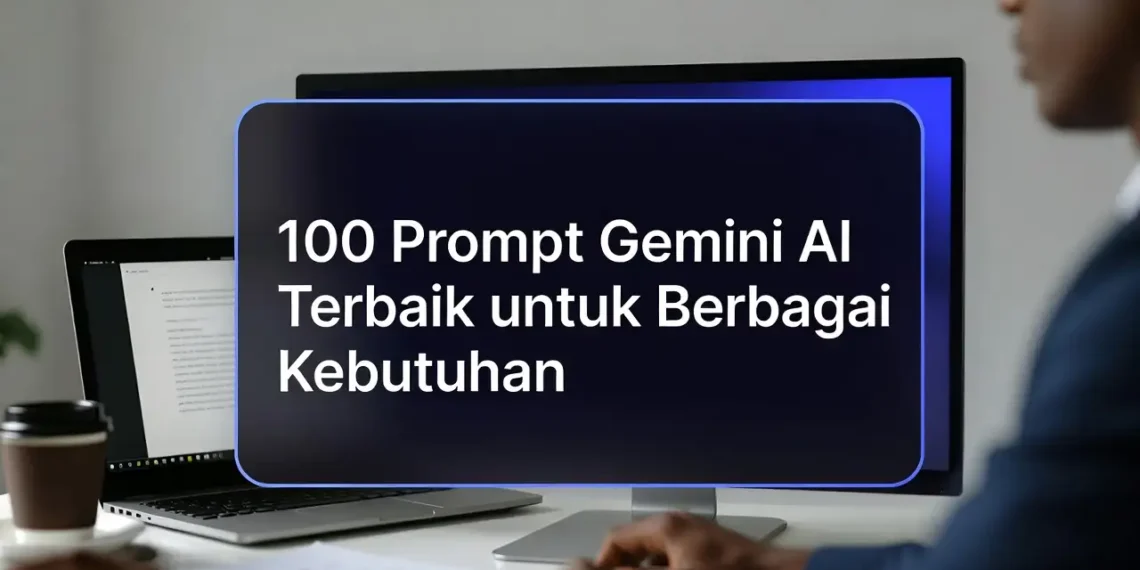 Ilustrasi koleksi prompt Gemini AI yang tersusun rapi dengan ikon berbagai kategori kebutuhan seperti konten, bisnis, coding, dan produktivitas