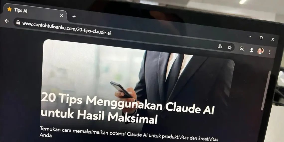 Ilustrasi koleksi tips penggunaan Claude AI dengan ikon tip bernomor dan tampilan antarmuka Claude yang menunjukkan hasil output berkualitas tinggi