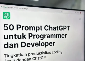 Ilustrasi koleksi 50 prompt ChatGPT khusus programmer dengan tampilan kode yang dihasilkan AI, ikon berbagai bahasa pemrograman, dan antarmuka developer yang produktif