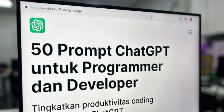 Ilustrasi koleksi 50 prompt ChatGPT khusus programmer dengan tampilan kode yang dihasilkan AI, ikon berbagai bahasa pemrograman, dan antarmuka developer yang produktif