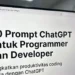 Ilustrasi koleksi 50 prompt ChatGPT khusus programmer dengan tampilan kode yang dihasilkan AI, ikon berbagai bahasa pemrograman, dan antarmuka developer yang produktif