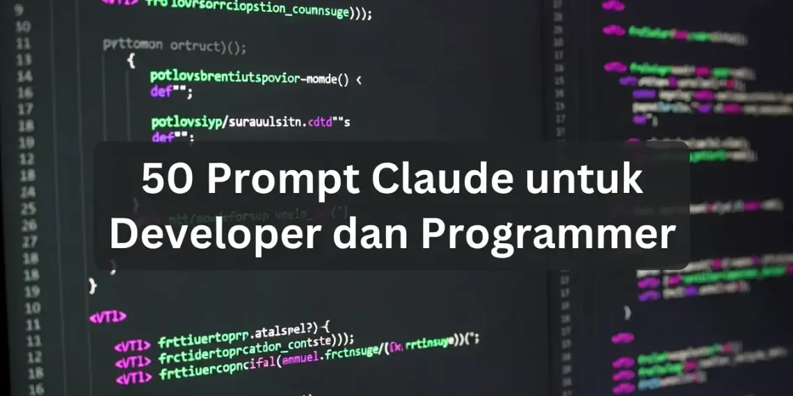 Ilustrasi koleksi prompt Claude khusus developer dengan ikon bahasa pemrograman berbeda dan tampilan kode yang dihasilkan AI secara efisien