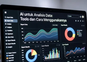 Ilustrasi analisis data menggunakan berbagai AI tools dengan tampilan grafik, dashboard data, dan antarmuka AI yang mengolah dataset besar secara otomatis