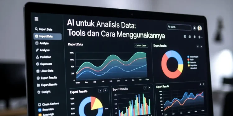 Ilustrasi analisis data menggunakan berbagai AI tools dengan tampilan grafik, dashboard data, dan antarmuka AI yang mengolah dataset besar secara otomatis