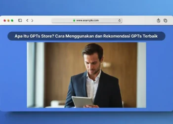 Ilustrasi tampilan GPTs Store dengan berbagai ikon GPT khusus yang tersedia, antarmuka toko AI, dan contoh GPTs terbaik yang bisa langsung digunakan