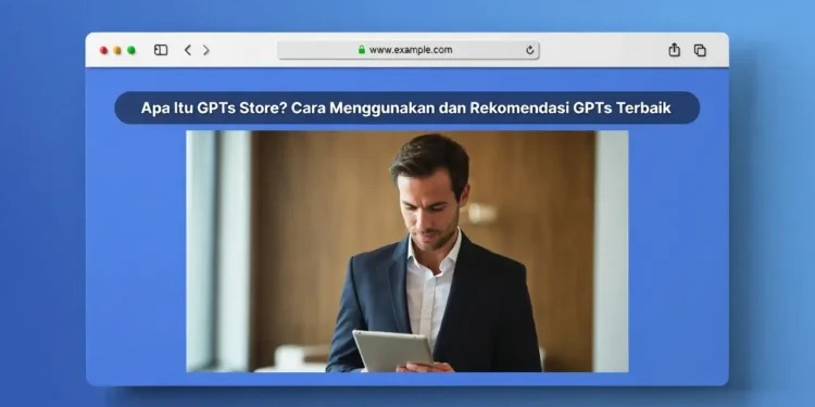 Ilustrasi tampilan GPTs Store dengan berbagai ikon GPT khusus yang tersedia, antarmuka toko AI, dan contoh GPTs terbaik yang bisa langsung digunakan