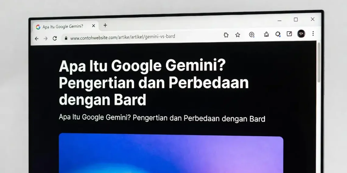 Ilustrasi perbandingan Google Gemini dan Google Bard dengan logo masing-masing dan diagram perbedaan fitur utama keduanya