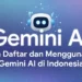 Ilustrasi langkah-langkah pendaftaran akun Gemini AI dengan tampilan form registrasi dan bendera Indonesia sebagai konteks lokasi pengguna