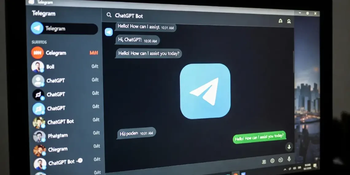 Ilustrasi pembuatan bot Telegram menggunakan ChatGPT dengan tampilan antarmuka Telegram, kode bot yang dihasilkan AI, dan contoh percakapan bot yang sudah aktif