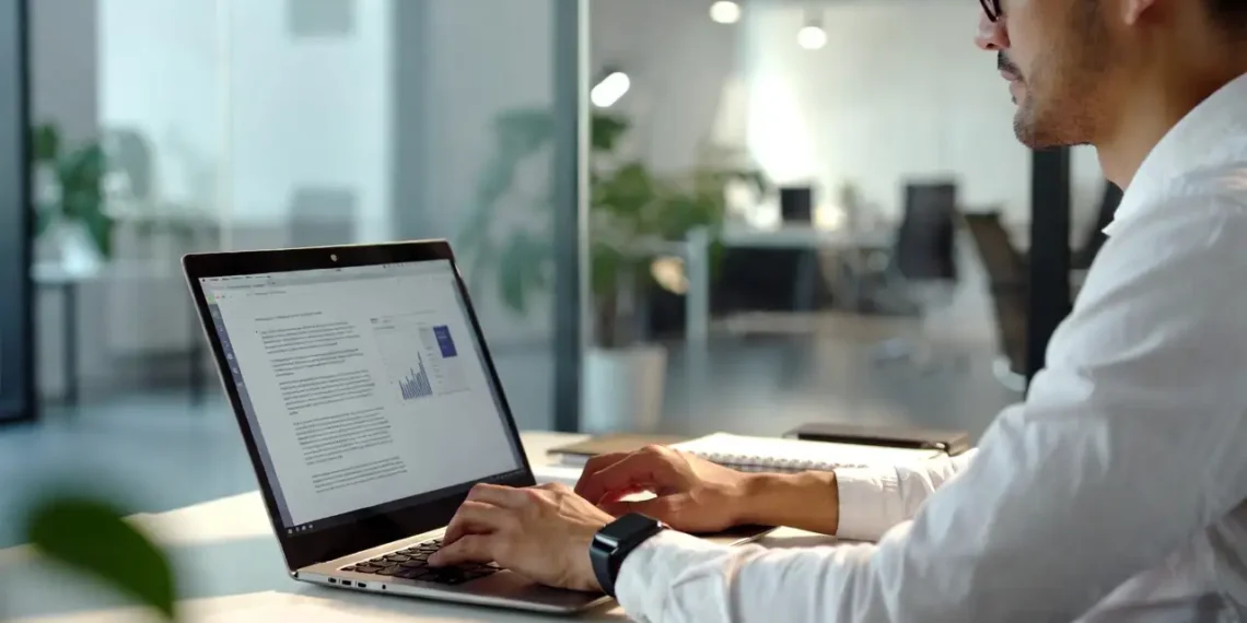 Ilustrasi pembuatan laporan kerja profesional dengan bantuan AI dalam waktu singkat, menampilkan timer 10 menit dan dokumen laporan yang tersusun rapi secara otomatis