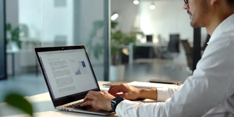 Ilustrasi pembuatan laporan kerja profesional dengan bantuan AI dalam waktu singkat, menampilkan timer 10 menit dan dokumen laporan yang tersusun rapi secara otomatis