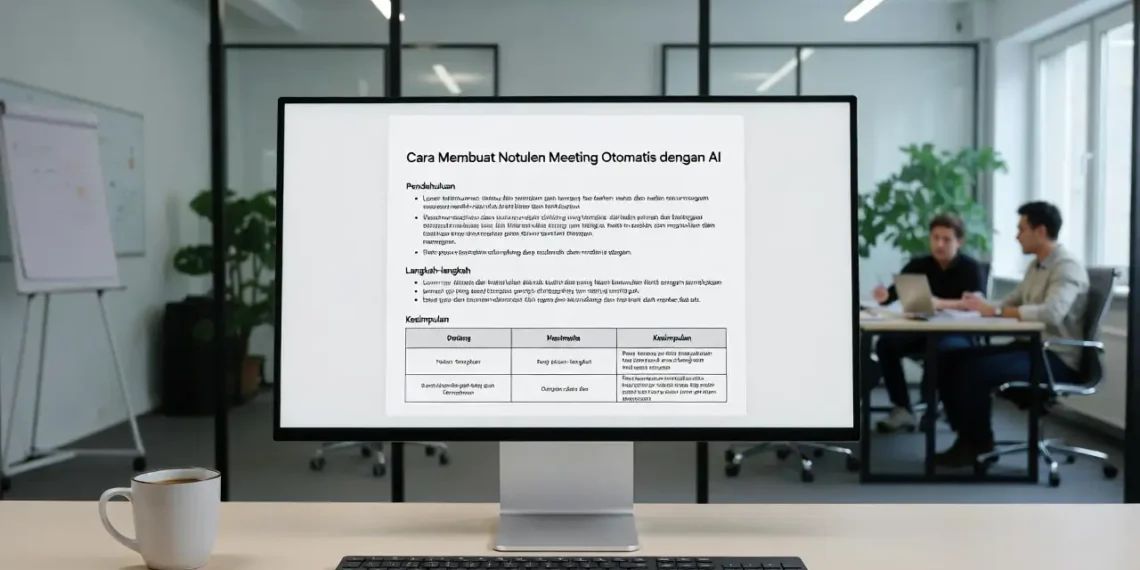 Ilustrasi pembuatan notulen meeting otomatis dengan AI, menampilkan rekaman rapat yang diproses AI menjadi dokumen notulen terstruktur secara otomatis