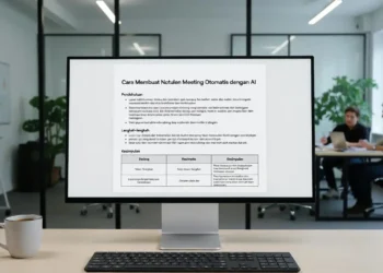 Ilustrasi pembuatan notulen meeting otomatis dengan AI, menampilkan rekaman rapat yang diproses AI menjadi dokumen notulen terstruktur secara otomatis