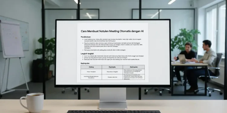 Ilustrasi pembuatan notulen meeting otomatis dengan AI, menampilkan rekaman rapat yang diproses AI menjadi dokumen notulen terstruktur secara otomatis