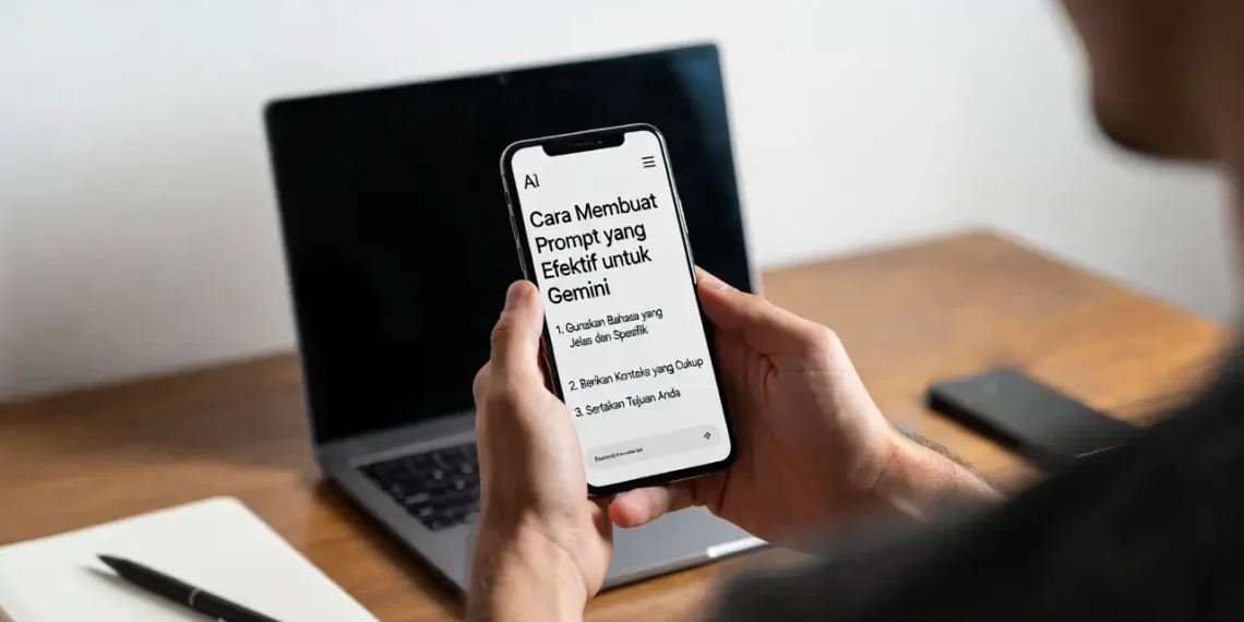 Ilustrasi struktur prompt yang efektif untuk Gemini AI dengan diagram elemen-elemen penting dalam penulisan prompt yang menghasilkan output berkualitas