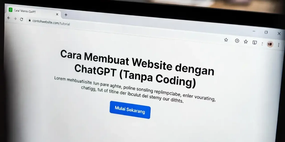 Ilustrasi pembuatan website tanpa coding menggunakan ChatGPT, menampilkan tampilan website yang sudah jadi dan kode HTML CSS yang dihasilkan AI secara otomatis