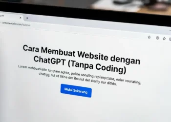 Ilustrasi pembuatan website tanpa coding menggunakan ChatGPT, menampilkan tampilan website yang sudah jadi dan kode HTML CSS yang dihasilkan AI secara otomatis