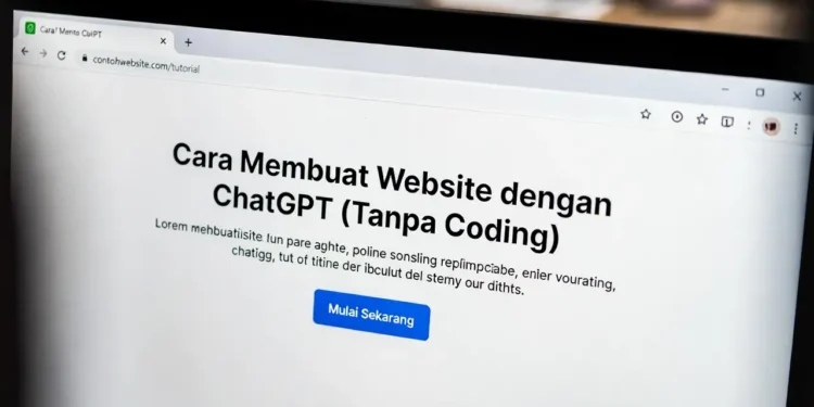 Ilustrasi pembuatan website tanpa coding menggunakan ChatGPT, menampilkan tampilan website yang sudah jadi dan kode HTML CSS yang dihasilkan AI secara otomatis