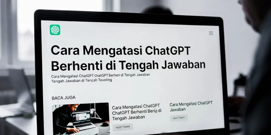 Ilustrasi ChatGPT yang berhenti di tengah jawaban dengan tampilan layar chat yang terpotong dan ikon solusi untuk mengatasi masalah tersebut