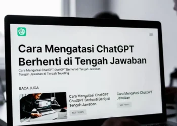 Ilustrasi ChatGPT yang berhenti di tengah jawaban dengan tampilan layar chat yang terpotong dan ikon solusi untuk mengatasi masalah tersebut