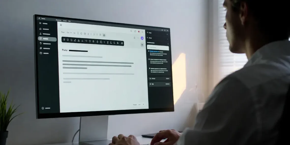 Ilustrasi penulisan email profesional dengan bantuan Gemini AI, menampilkan antarmuka email yang rapi dan tampilan prompt AI di sampingnya