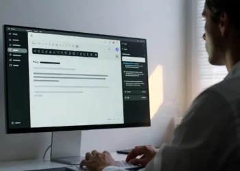 Ilustrasi penulisan email profesional dengan bantuan Gemini AI, menampilkan antarmuka email yang rapi dan tampilan prompt AI di sampingnya