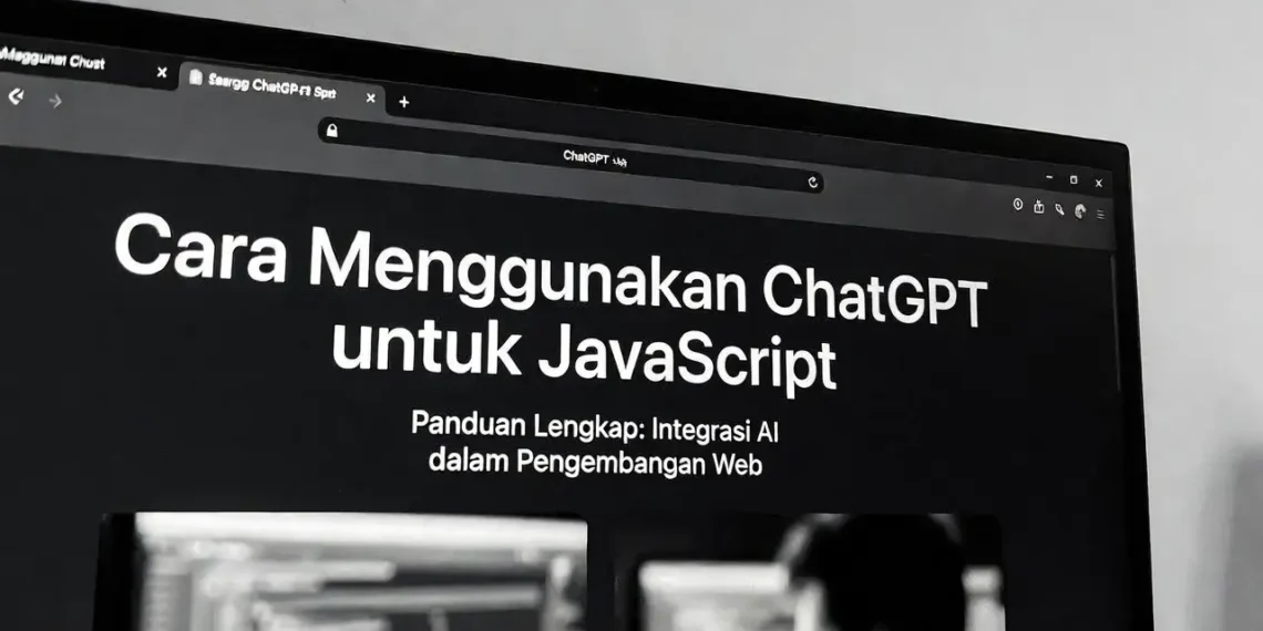 Ilustrasi penggunaan ChatGPT untuk coding JavaScript dengan tampilan kode JS di browser, console output, dan antarmuka AI yang membantu proses development web