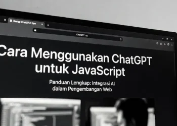 Ilustrasi penggunaan ChatGPT untuk coding JavaScript dengan tampilan kode JS di browser, console output, dan antarmuka AI yang membantu proses development web