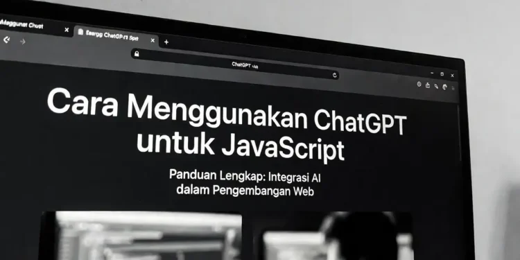 Ilustrasi penggunaan ChatGPT untuk coding JavaScript dengan tampilan kode JS di browser, console output, dan antarmuka AI yang membantu proses development web