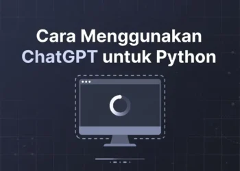 Ilustrasi penggunaan ChatGPT untuk coding Python dengan tampilan skrip Python di editor, output terminal, dan antarmuka chat AI yang membantu menulis dan debug kode