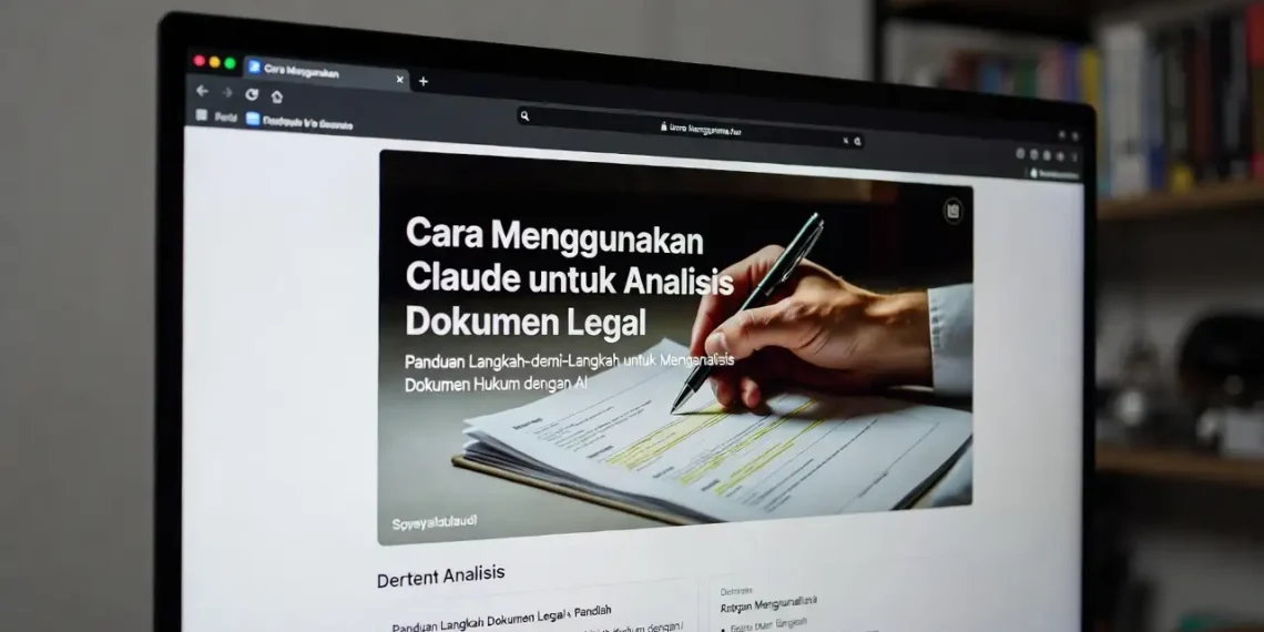 Ilustrasi analisis dokumen legal menggunakan Claude AI dengan tampilan kontrak yang sedang dianalisis, highlight poin penting, dan ringkasan yang dihasilkan AI