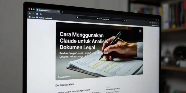 Ilustrasi analisis dokumen legal menggunakan Claude AI dengan tampilan kontrak yang sedang dianalisis, highlight poin penting, dan ringkasan yang dihasilkan AI