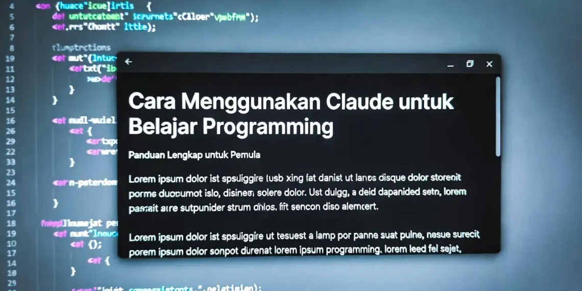 Ilustrasi proses belajar programming dengan Claude AI sebagai mentor, menampilkan penjelasan konsep kode secara interaktif dan tampilan latihan coding